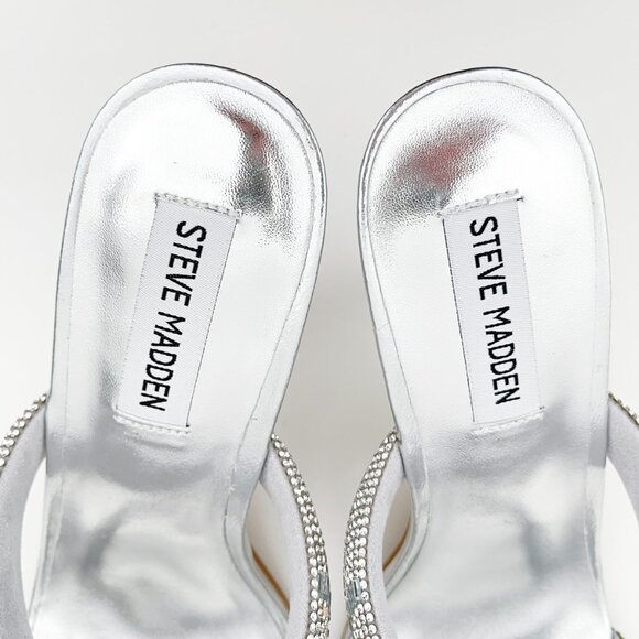 Steve Madden Baton Rhinestone Silver Mules Sandals Heels - Picture 8 of 14